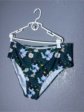 High-Waist Floral Bikini Bottoms - Dark Green